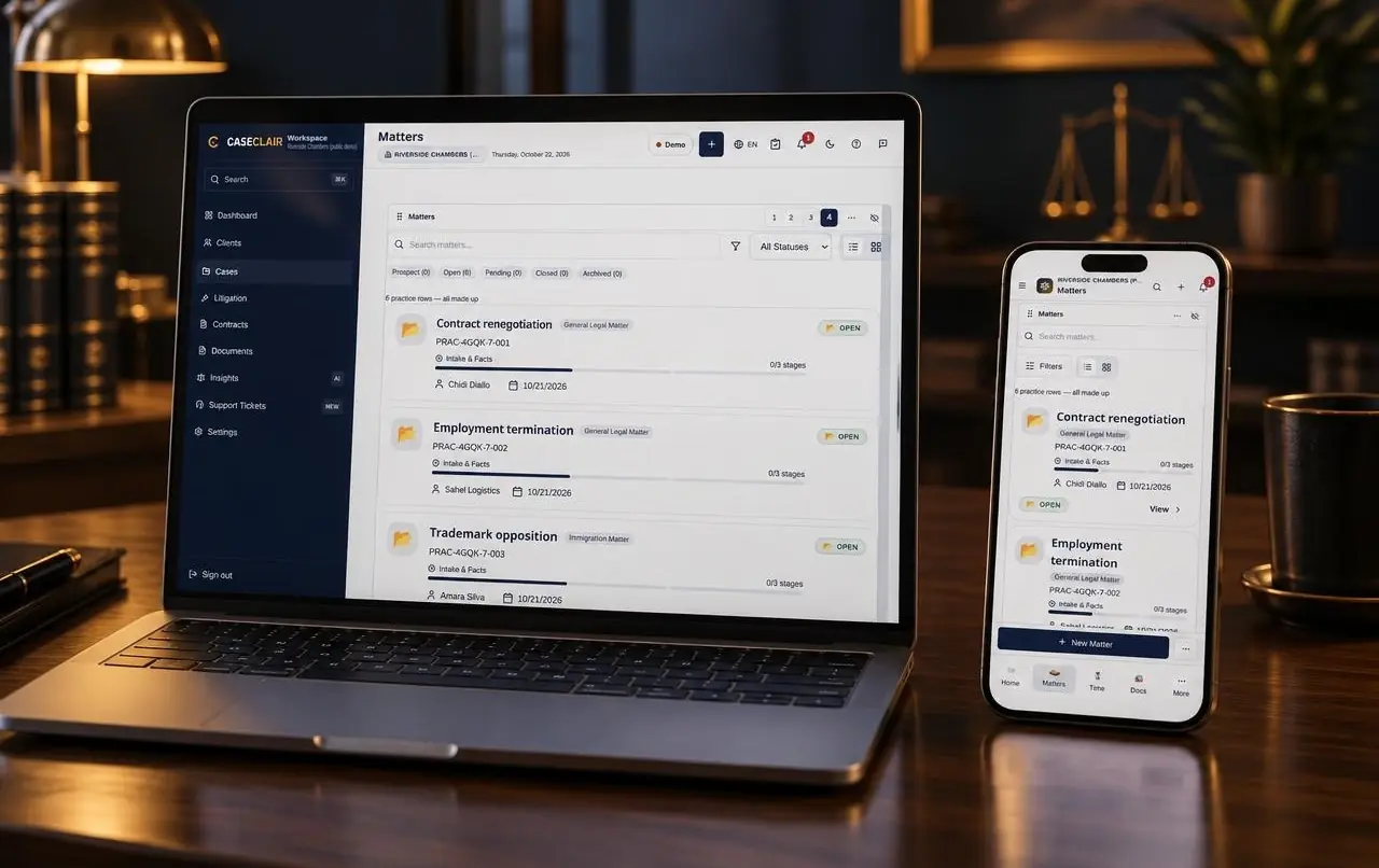 A laptop and a phone on a desk, both open on the Caseclair Matters page of a sample firm: the laptop shows the side menu and three matters with their stage and owner, the phone shows the same list with the New Matter button and bottom menu. All names are made up.